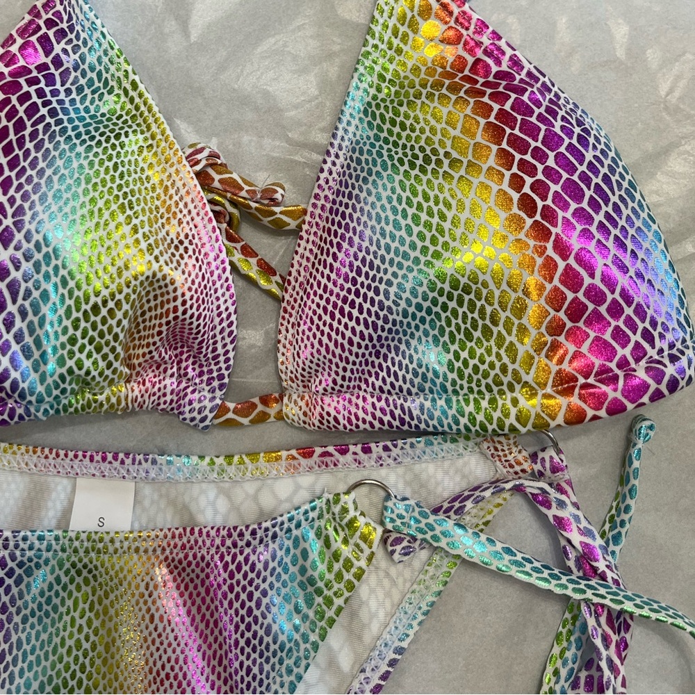 Holographic Snake Print Triangle Halter Cheeky Bikini Set - Picture 2 of 11